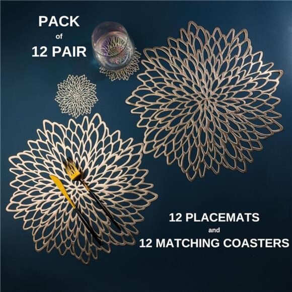 Sets of 12 Gold Metallic Placemats & Coasters 24 PCS Matching, Laminated Vinyl - Picture 2 of 7